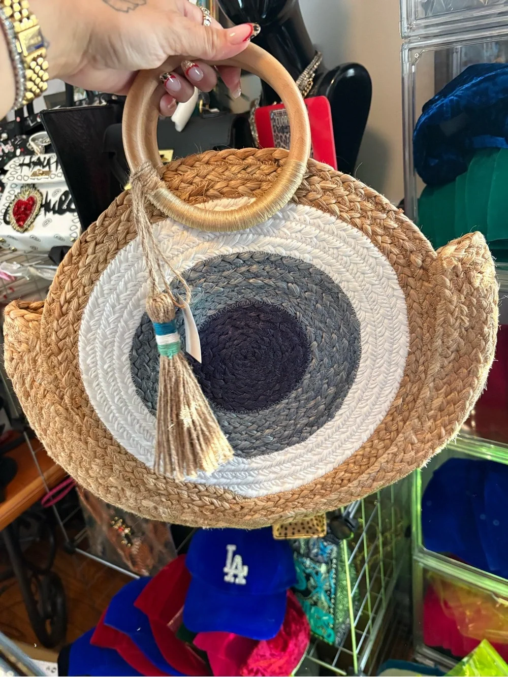 Evil eye 🧿 Round Straw Tote Bag with Wooden Handles - Natural/White/Gray